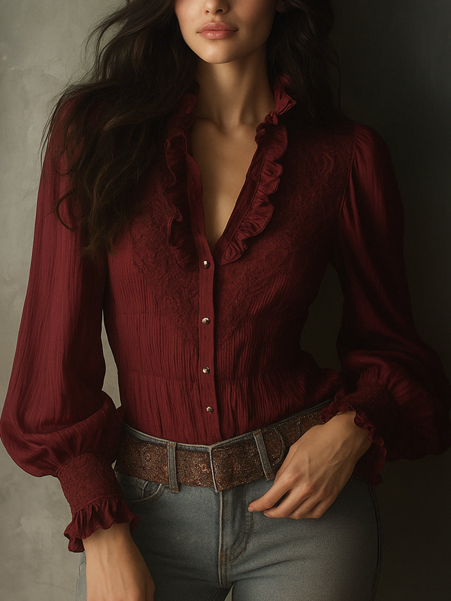 Elegant Lace Ruffle Bell Sleeves Pleated Chiffon Blouse