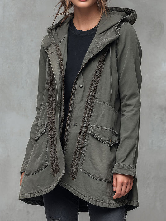 Utility Army Green Washed Denim Hooded Cargo Parka Jacket With Pockets