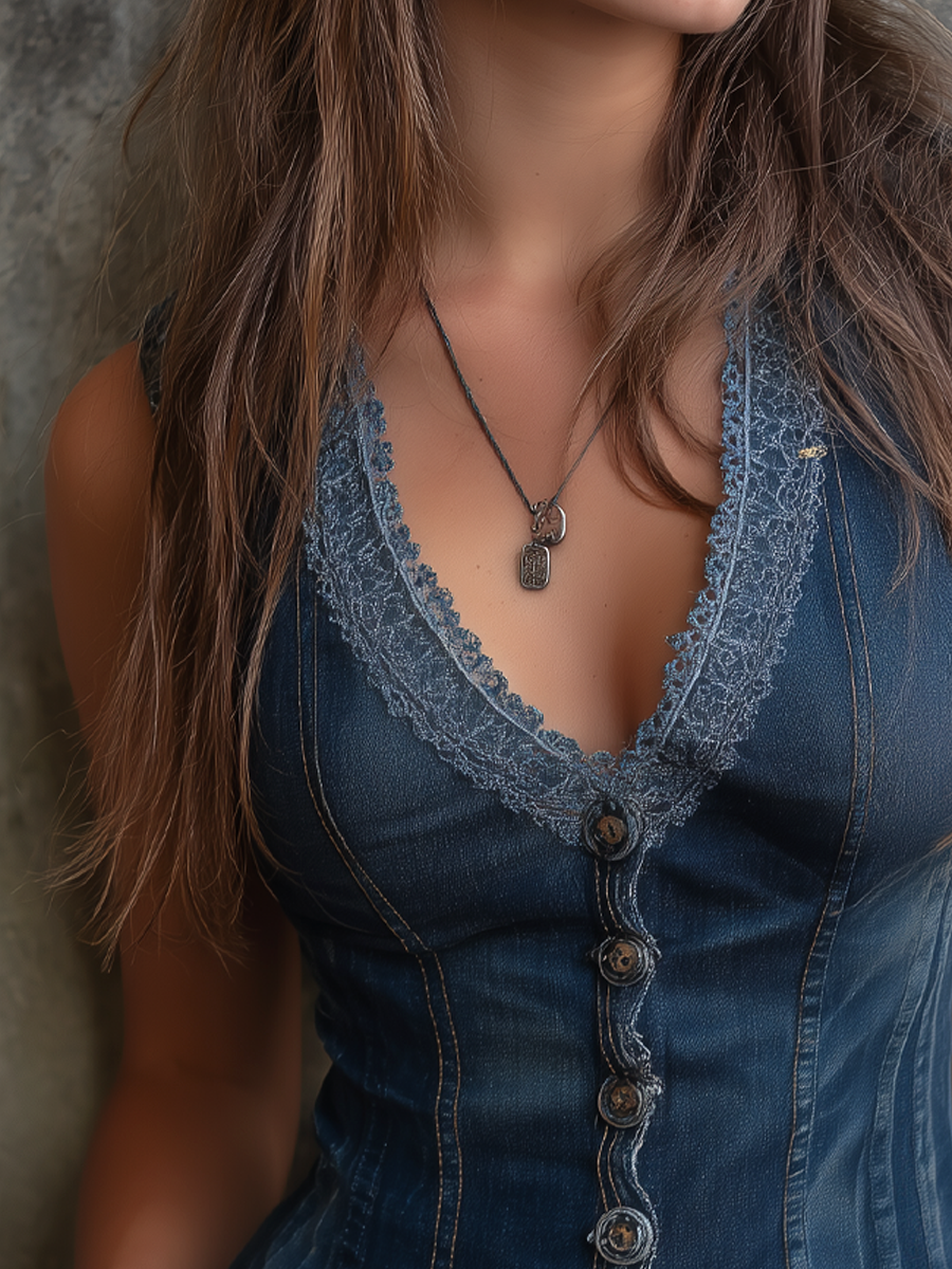 Vintage Lace Trim Denim Vest