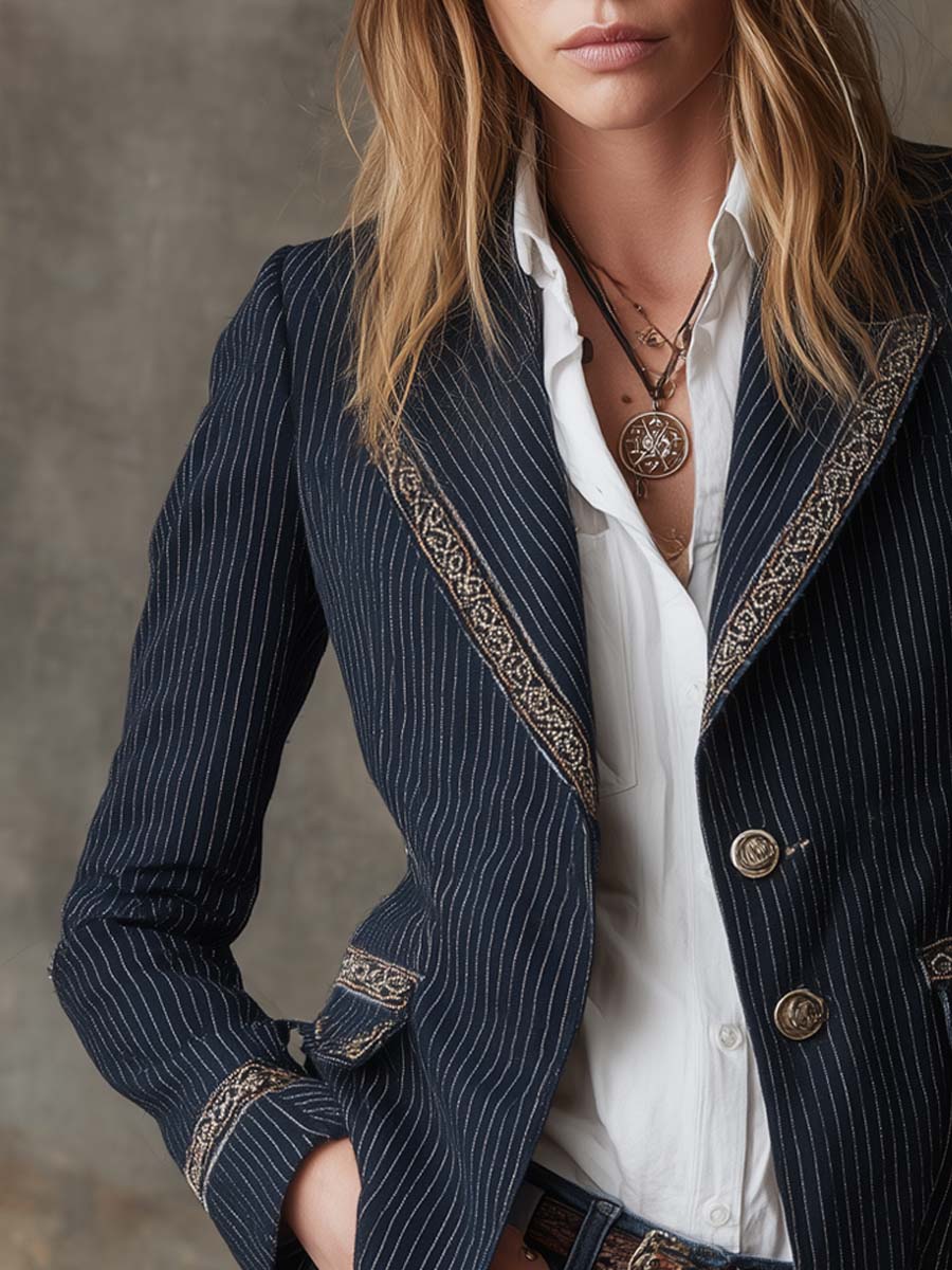 Retro Striped Embroidered Blazer