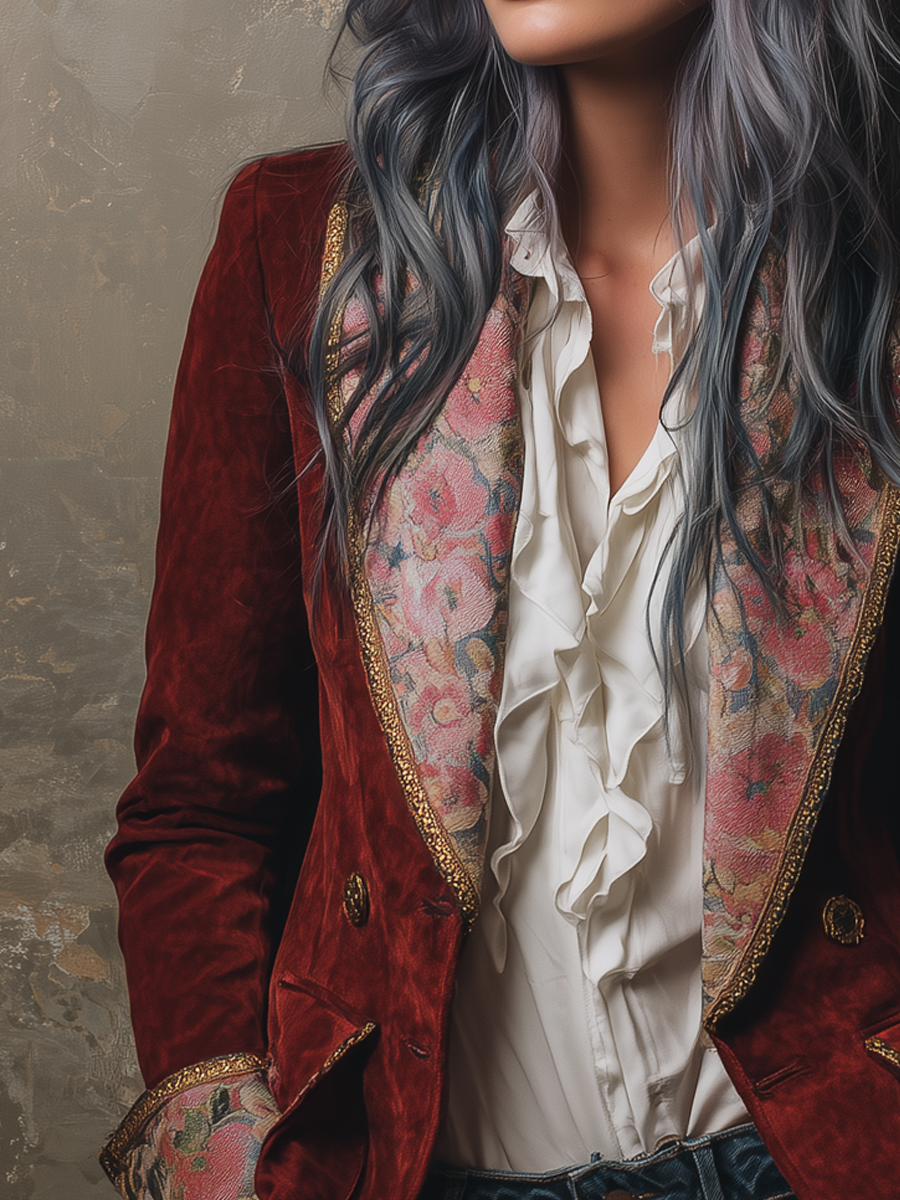 Vintage Floral Print Gold Trim Polyester Suede Blazer