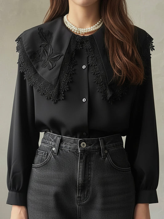 Elegant Black Embroidered Lace Collar Shirt