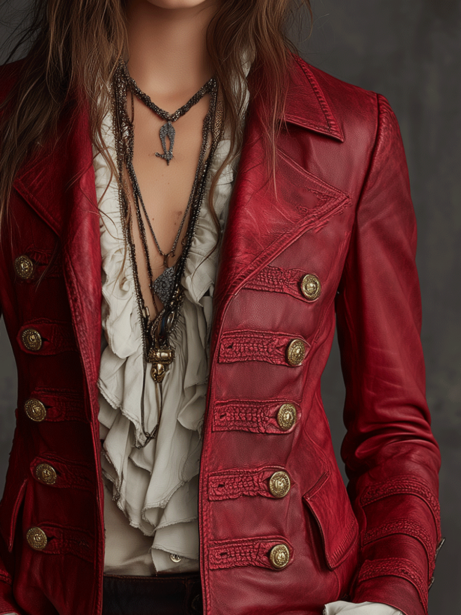 Bohemian Vintage Crimson Military-Style Eco-Leather Jacket