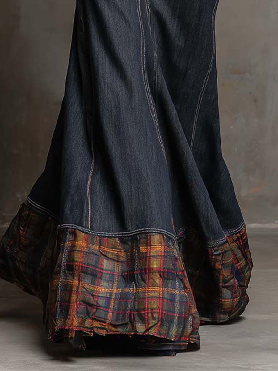 Denim Maxi Dress With Plaid Hem And Waist Tie