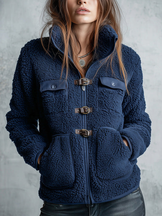 Comfortable Polar Fleece Horn-buttoned Straight Jacket