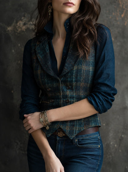 Retro Lapel Plaid Wool Vest