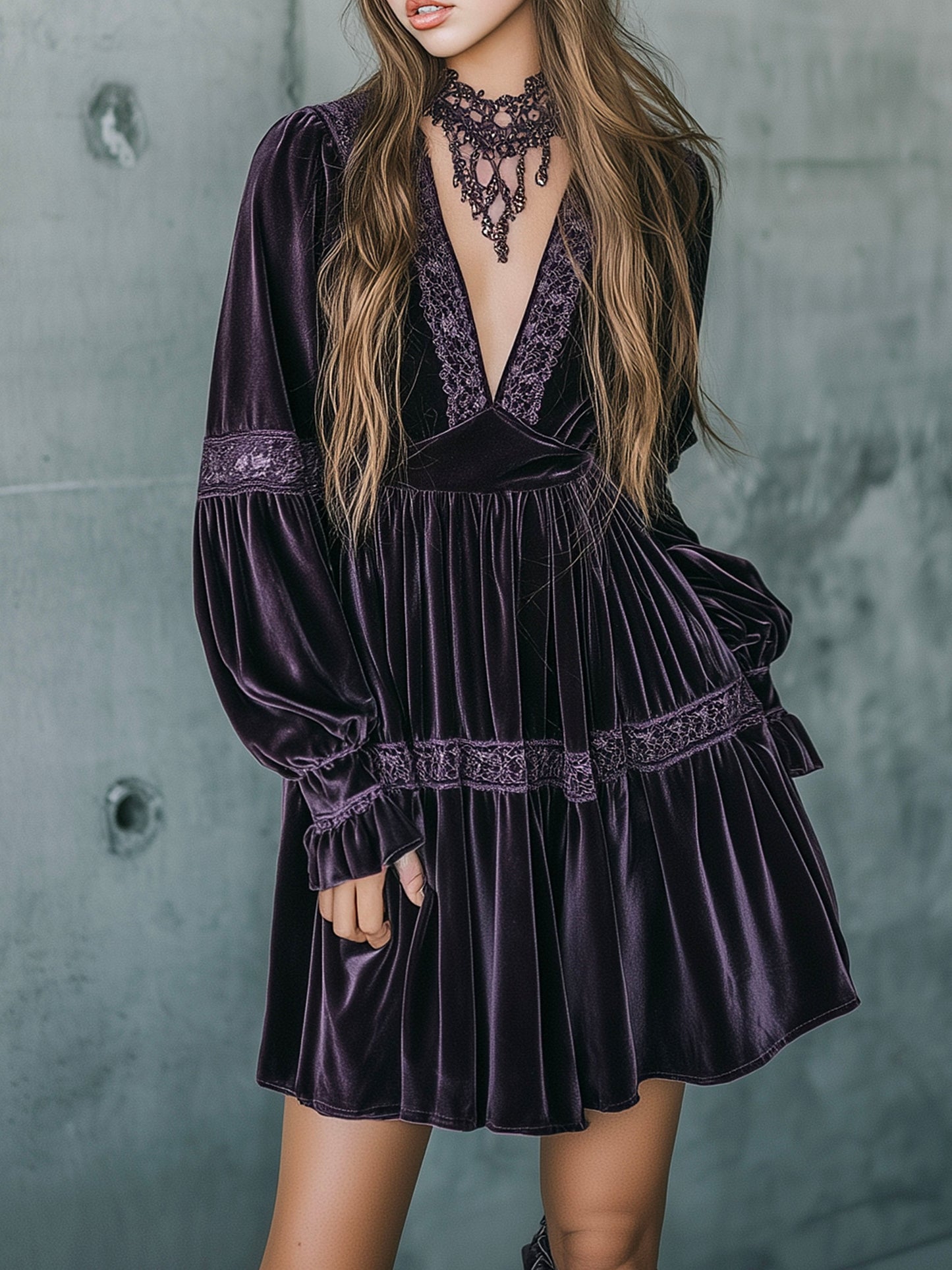 Vintage Deep Purple Velvet Mini Dress With Lace Trim