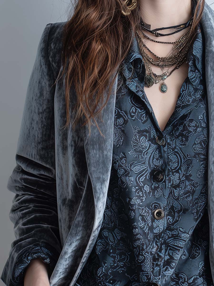 Vintage Stone Grey Lapel Velvet Blazer
