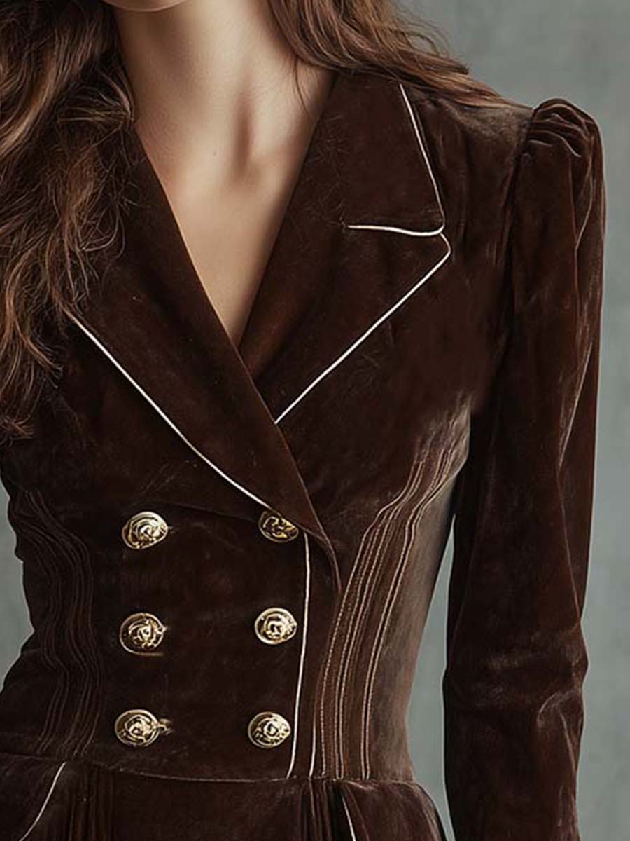 Double Breasted Elegant Vintage Brown Velvet Blazer Dress