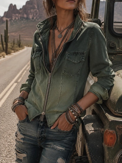 Casual Green Gradient Workwear Pocket Denim Zip-Up Blouse