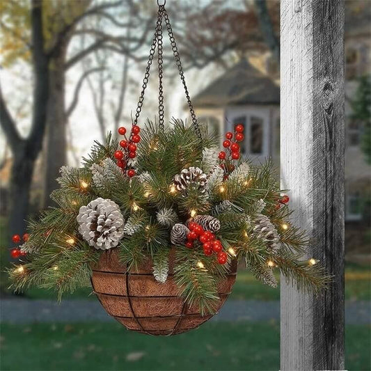 Christmas Hanging Basket - Flocked with Mixed Decorations and White LED Lights - Frosted Berry