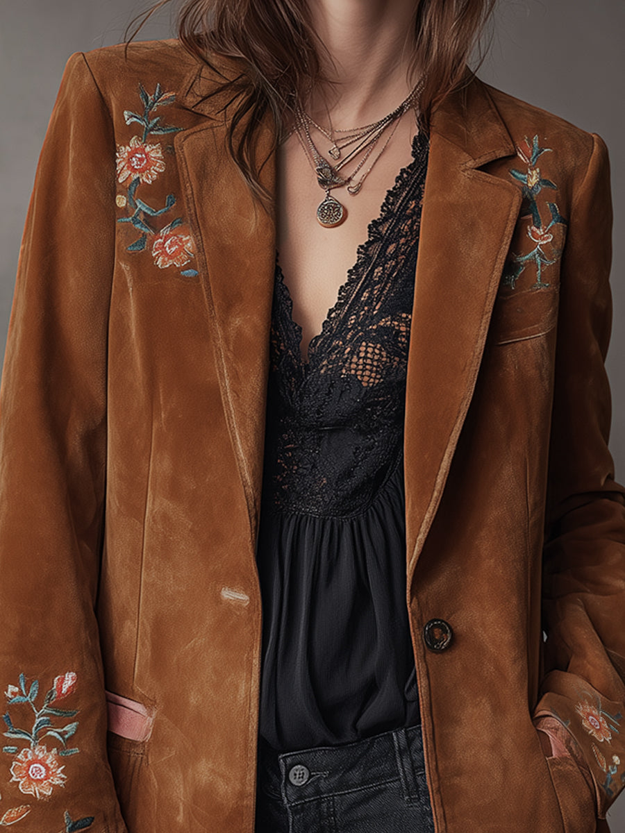 Vintage Suede Floral Embroidered Lapel Blazer