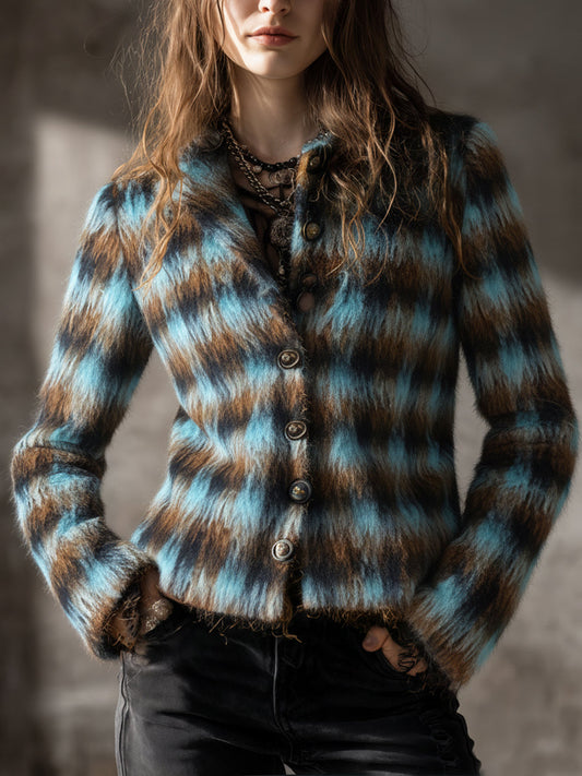 Retro Contrast Check Wool Cropped Slim Jacket