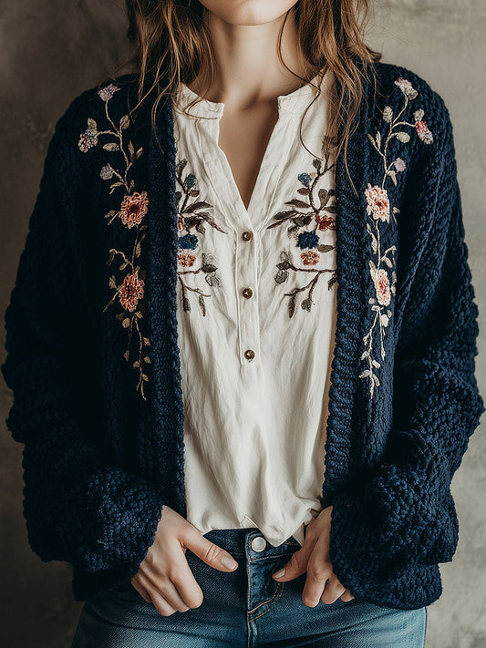 Navy Blue Chunky Knit Cardigan With Floral Embroidery