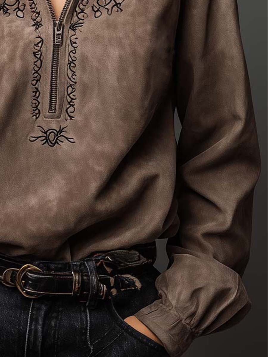 Vintage-Inspired Taupe Suede Embroidered Zip Top