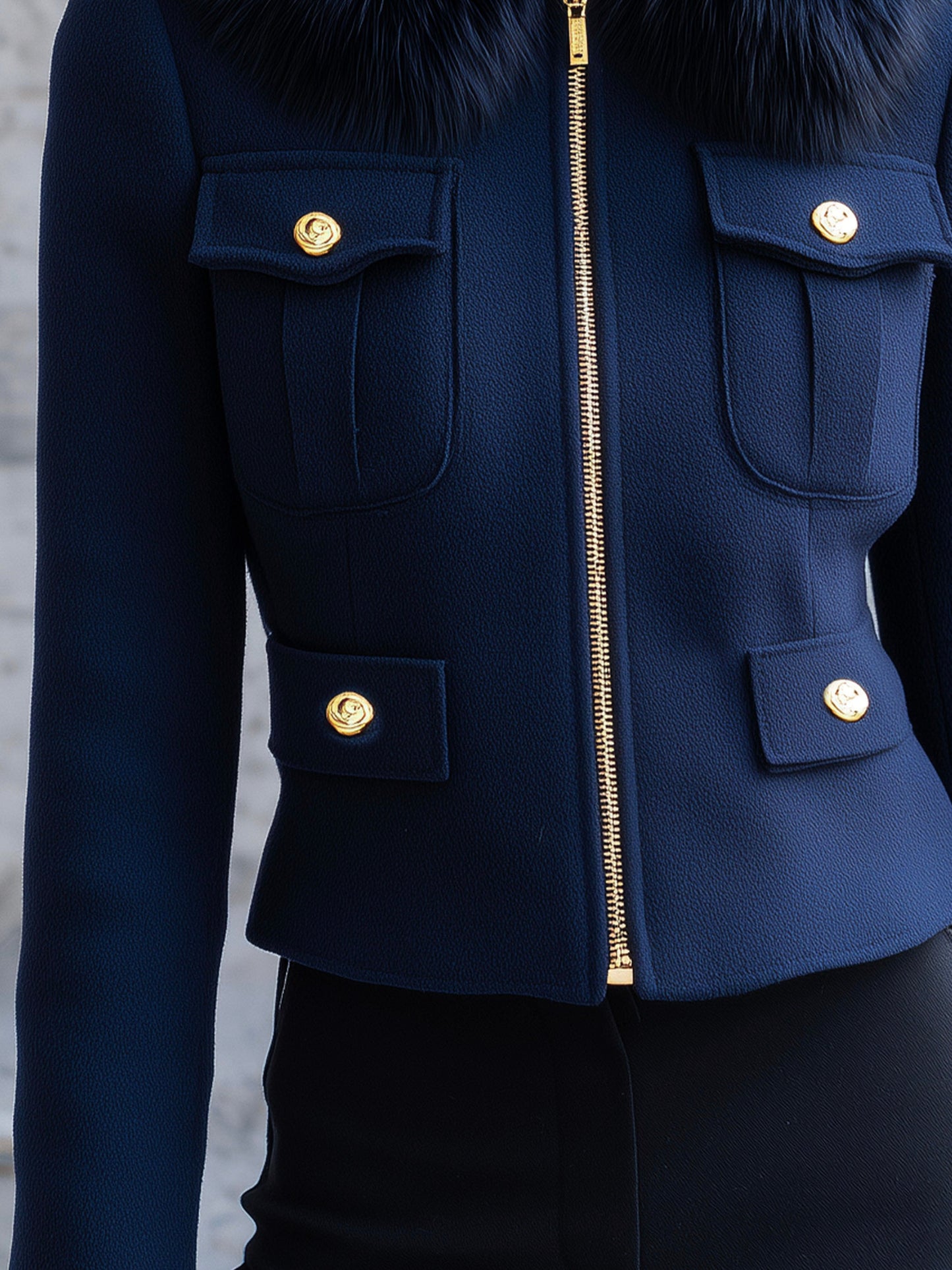 Luxury Eco Fur Collar Navy Wool-Blend Tailored Silhouette Jacket