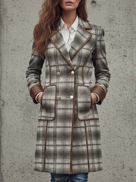 Plaid Print Faux Suede Coat With Leather Trim