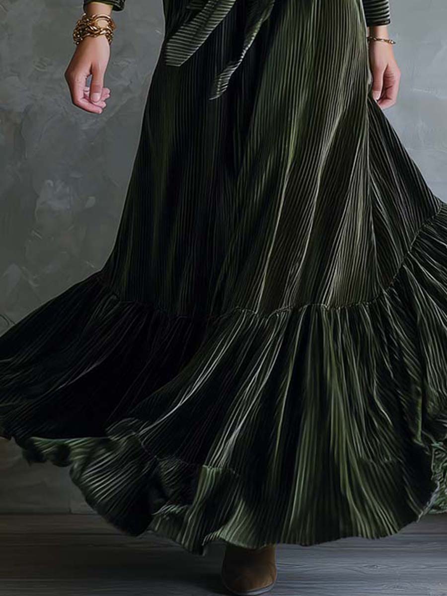 Emerald Pleated Velvet Wrap Maxi Dress