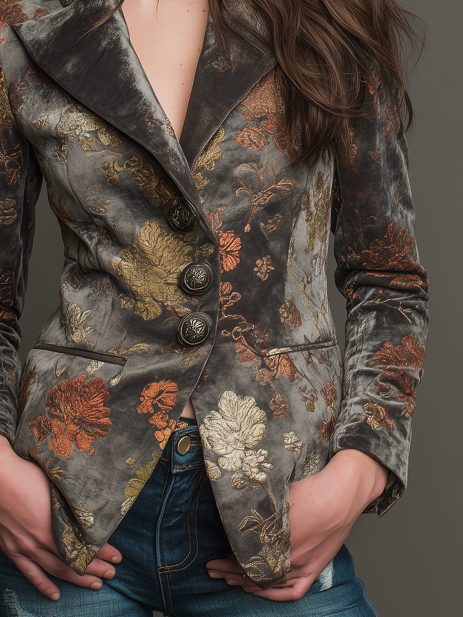 Vintage Floral Print Polyester Velvet Blazer