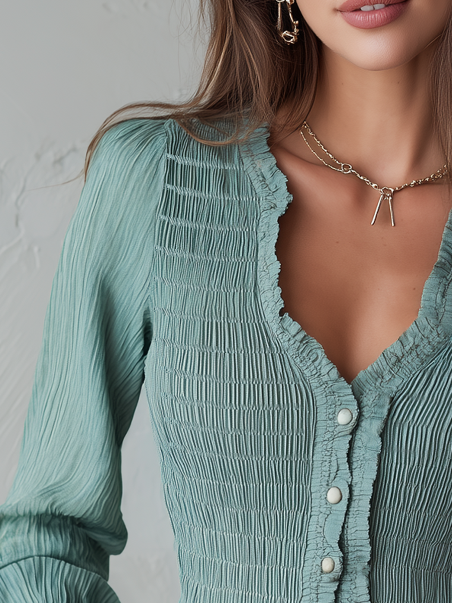 Retro Pleated Long Sleeve Blouse