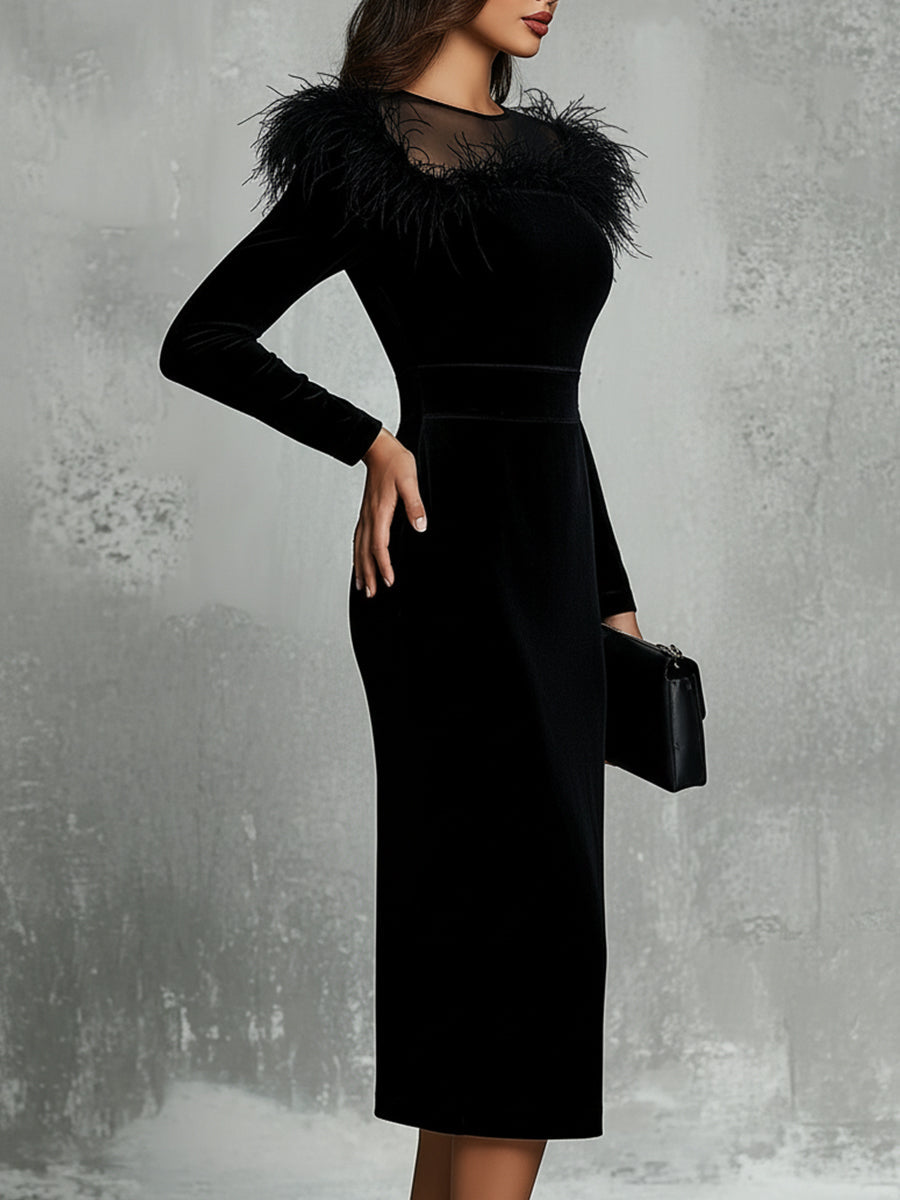 Retro Elegant Velvet Ostrich Feather Slim Midi Dress