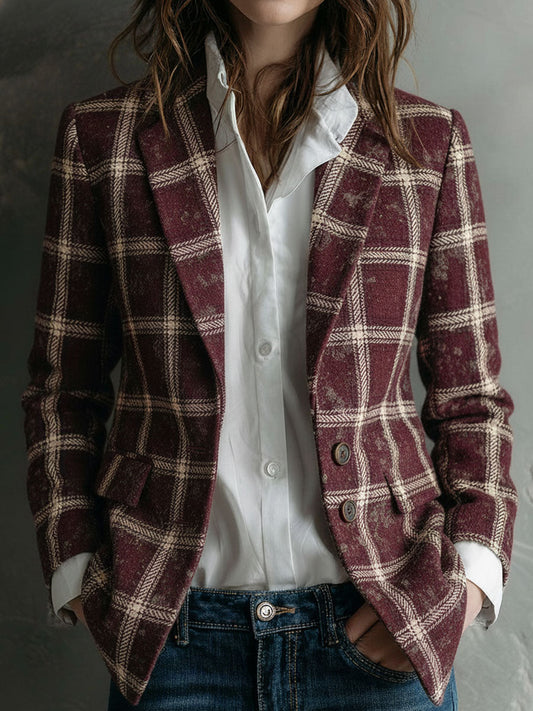 Vintage Classic Lapel Plaid Pattern Microsuede Tailored Blazer