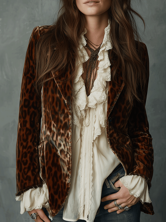 Retro Leopard Pattern Boho Charm Velvet Blazer