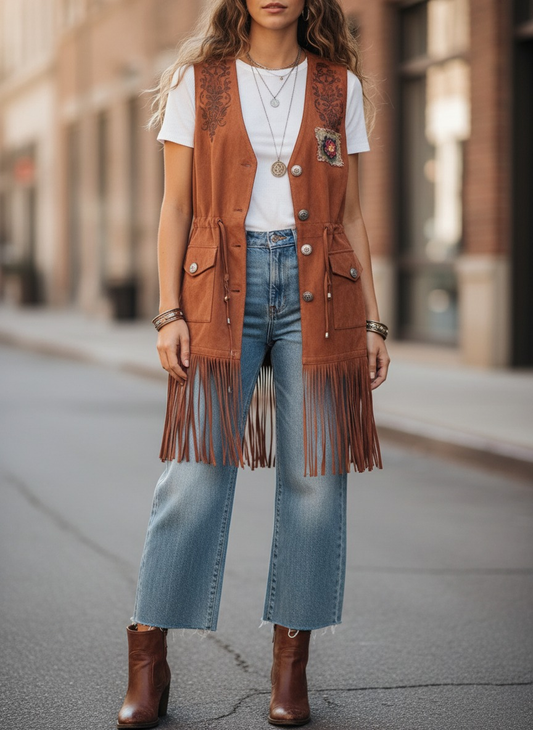 Suede Fringe Vest with Patchwork Details