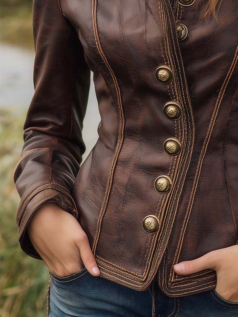 Vintage Fitted Brown Leather Blazer With Contrast Stitching