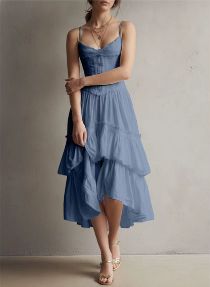 Retro Boho White Corset Tiered Midi Dress With Lace-Trim