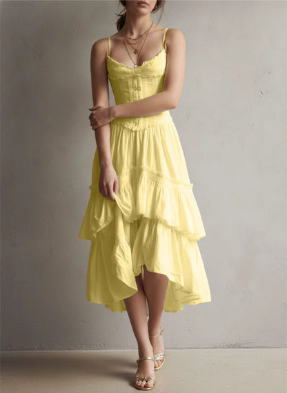 Retro Boho White Corset Tiered Midi Dress With Lace-Trim
