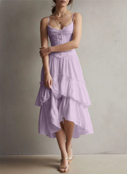 Retro Boho White Corset Tiered Midi Dress With Lace-Trim