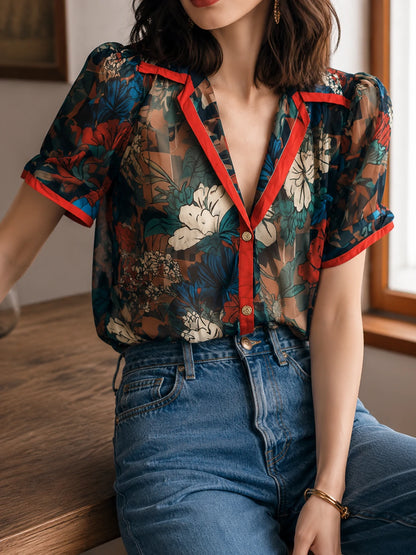 Vintage Sheer Floral Print Blouse With Contrast Trim