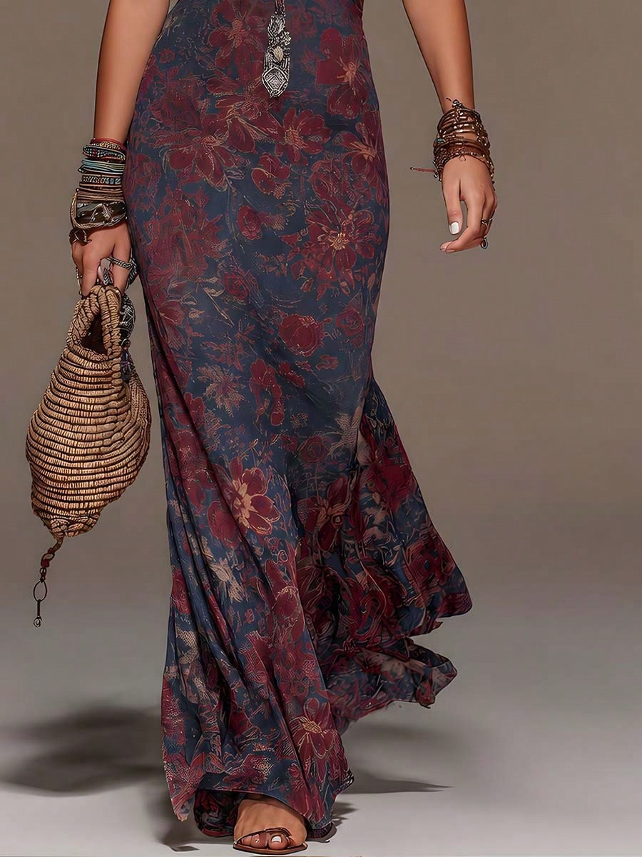 Crimson Bloom Halter Maxi Dress