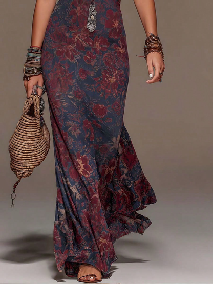 Crimson Bloom Halter Maxi Dress