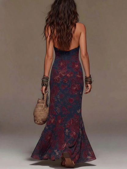 Crimson Bloom Halter Maxi Dress