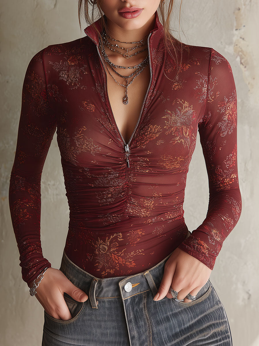 Burgundy Floral Print Mesh Stand Collar Zip-Up T-shirt with Ruched Front