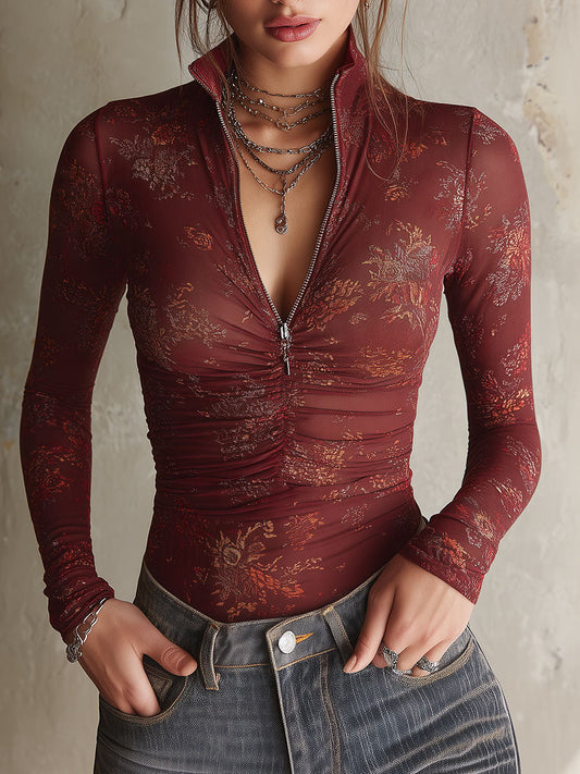 Burgundy Floral Print Mesh Stand Collar Zip-Up T-shirt with Ruched Front