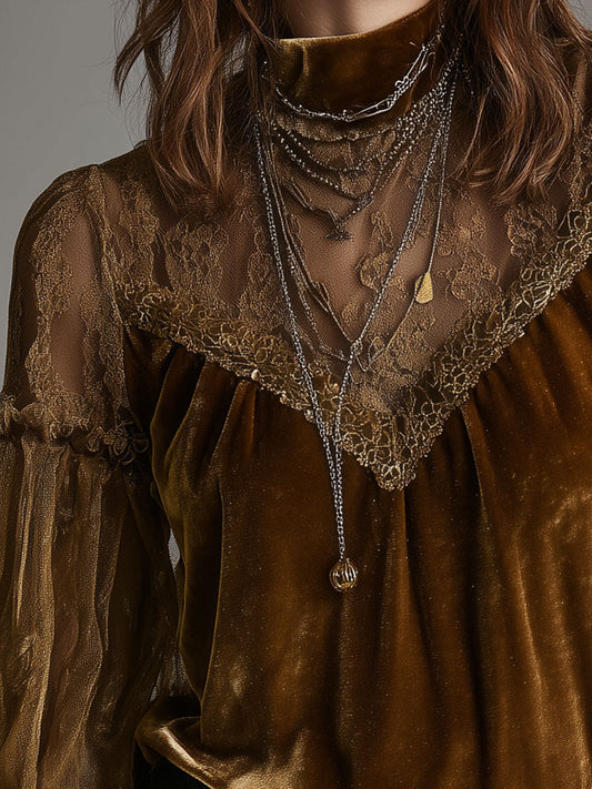 Retro Gold Velvet Lace Patchwork Balloon Sleeve Blouse