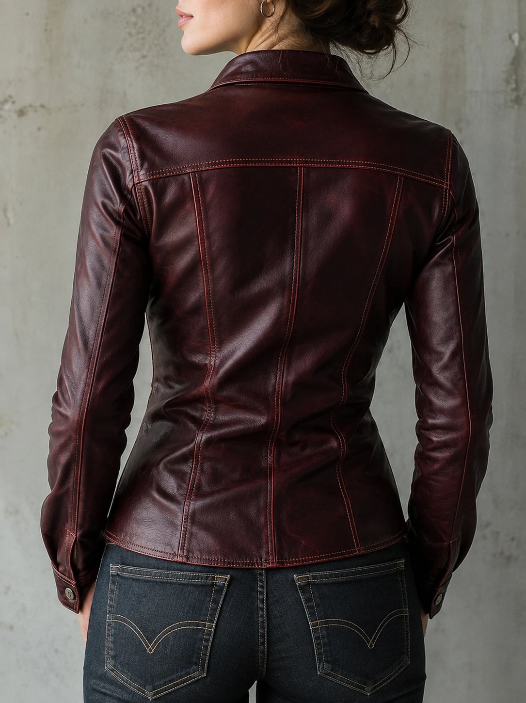 Burgundy Eco Leather Western-Fit Shirt Jacket