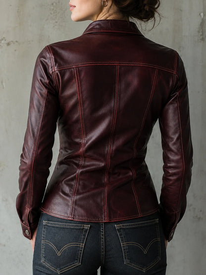 Burgundy Eco Leather Western-Fit Shirt Jacket