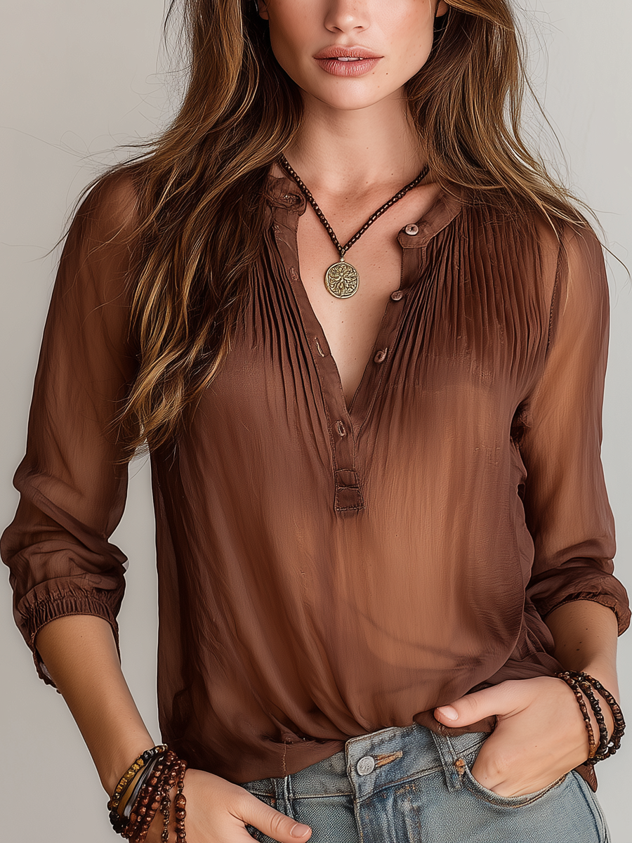 Vintage Pleated Shoulder Long Sleeve Henley Shirt