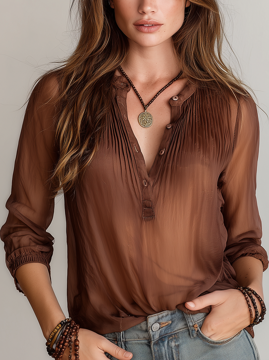 Vintage Pleated Shoulder Long Sleeve Henley Shirt