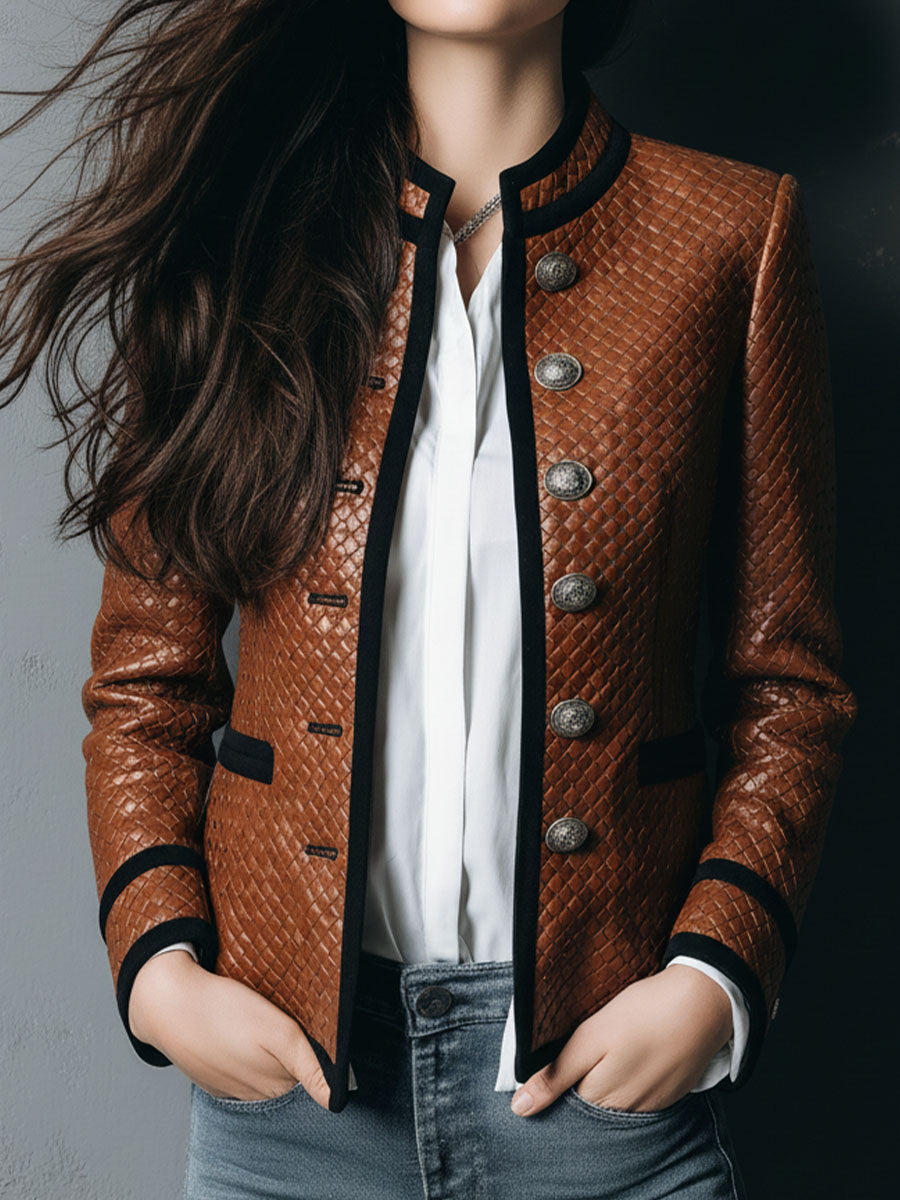 Vintage Eco Brown Woven Textured Leather Jacket