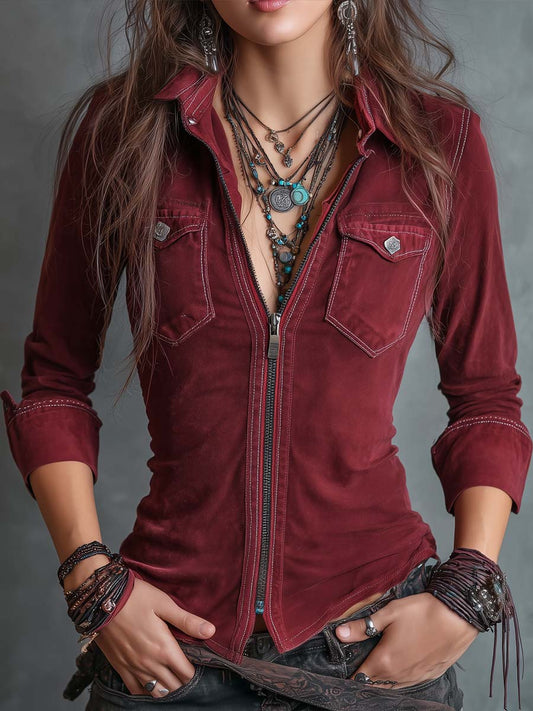 Vintage Zip-up Collar Flap Pocket Distressed Denim Shirt