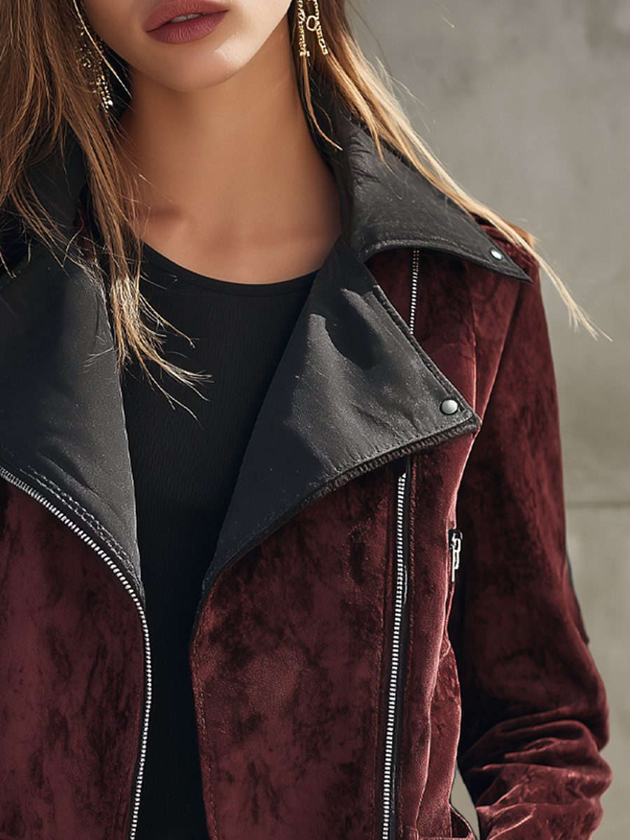 Retro Contrasting Eco-Leather And Velvet Moto Jacket