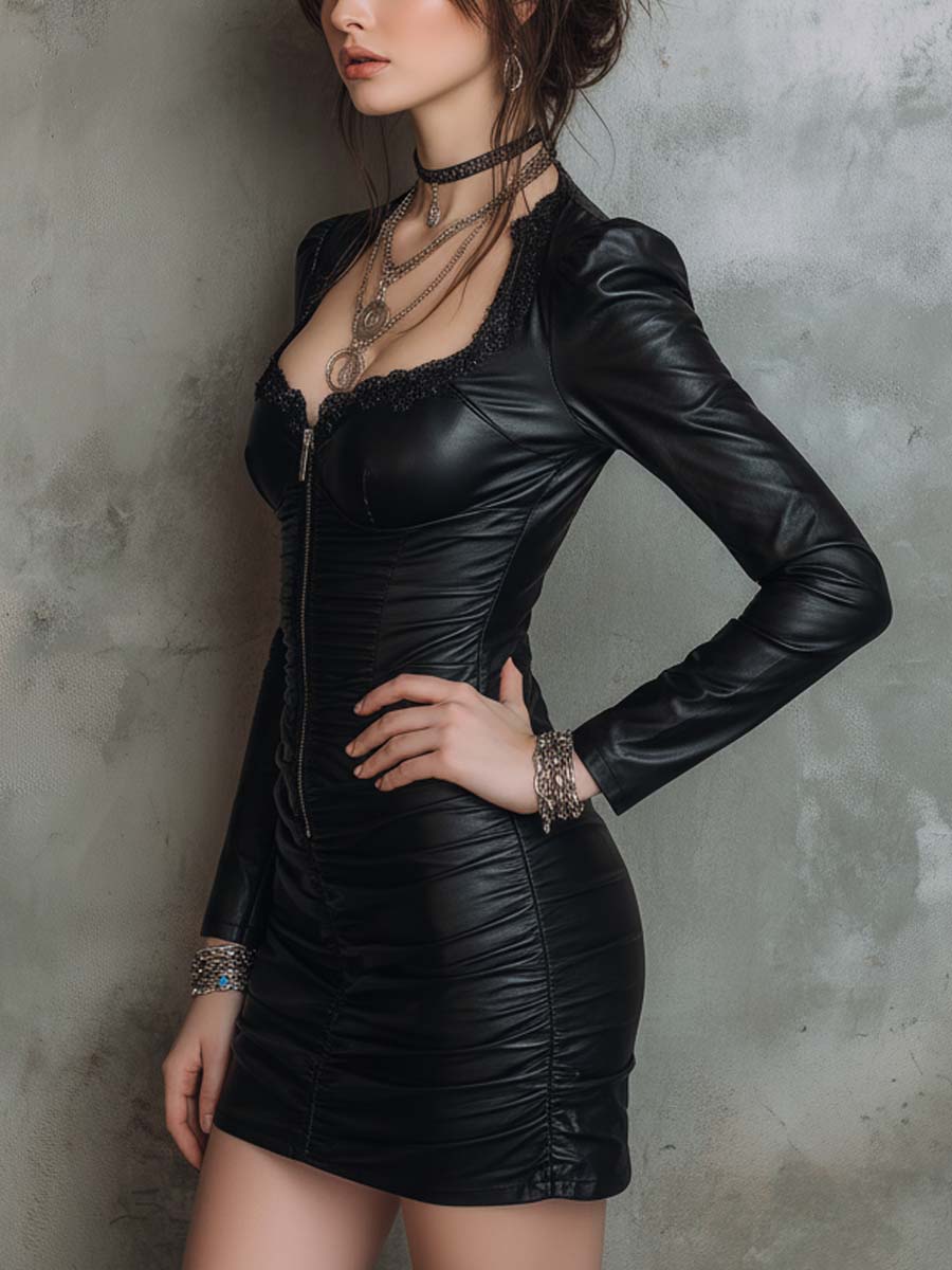 Eco-Leather Ruched Zip-Front Mini Dress With Lace Sweetheart Neckline