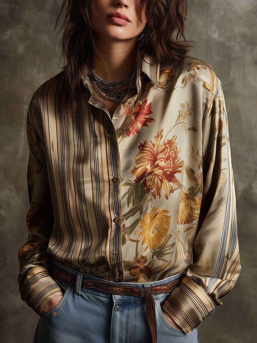 Vintage Boho Floral & Stripe Mixed-Print Blouse