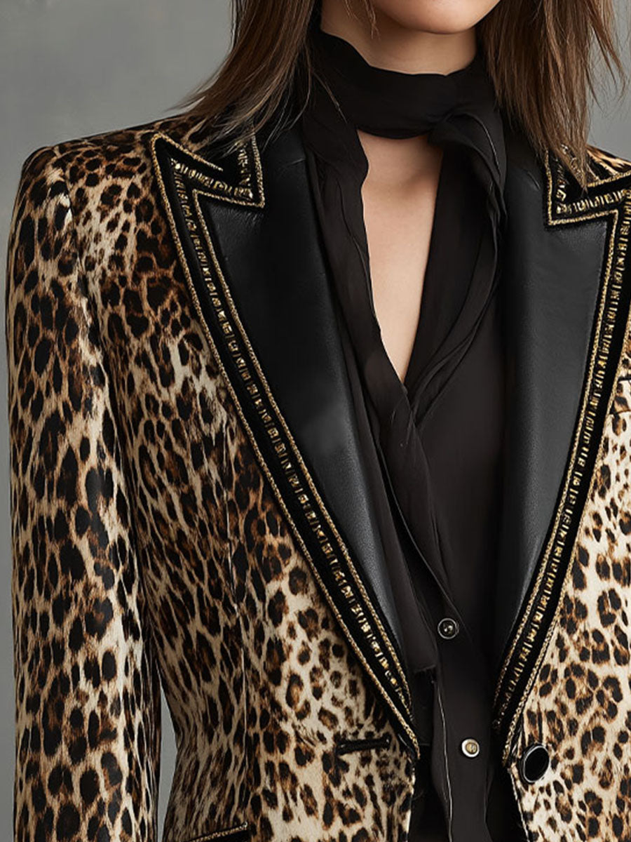 Vintage Eco Leather Lapel Leopard Pattern Velvet Blazer With Gold Trim