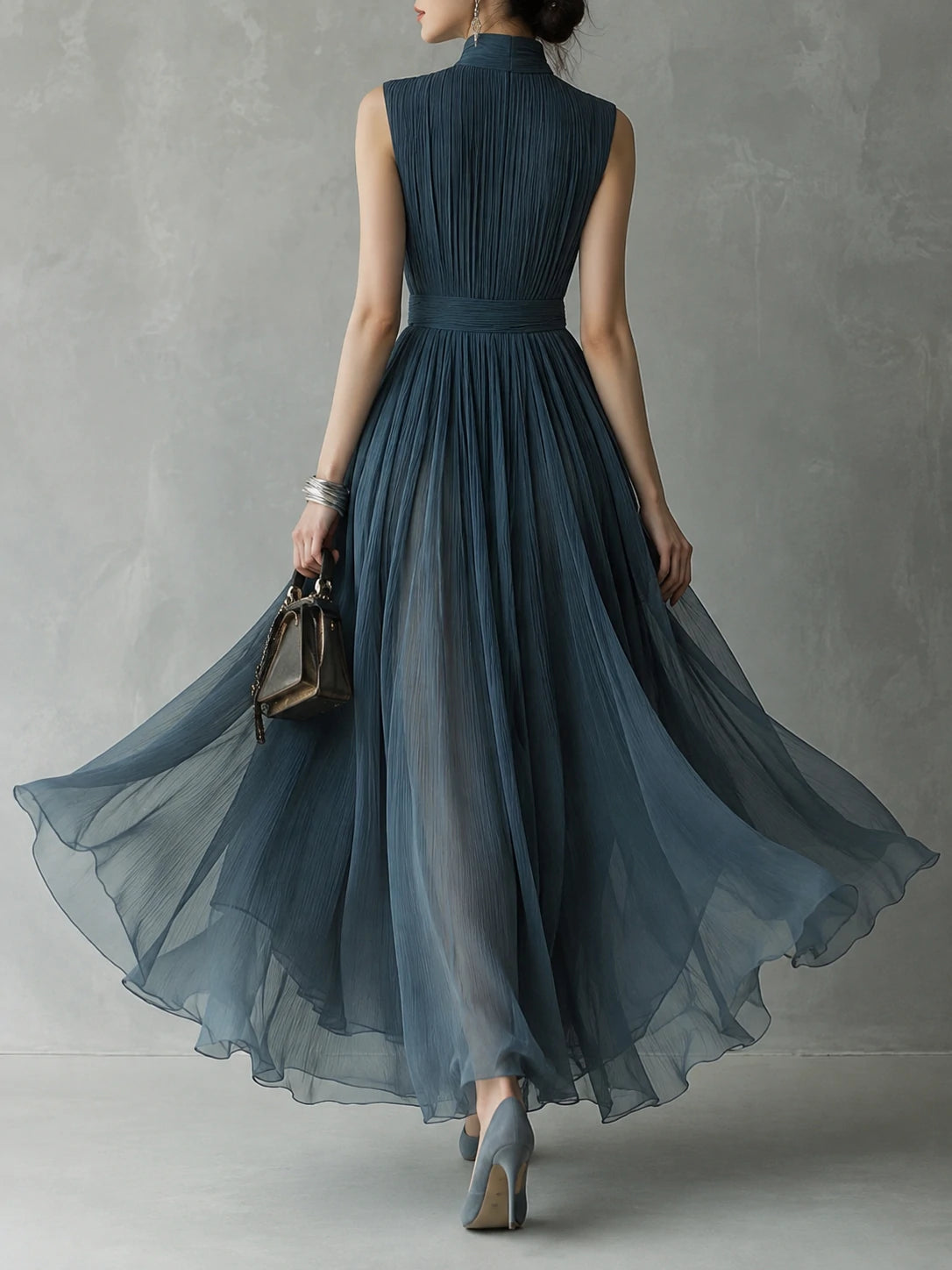 Retro Pleated Chiffon Keyhole Collar Maxi Dress